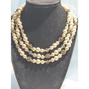 White Rhinestone and Faceted Clear Bead Triple Strand Necklace